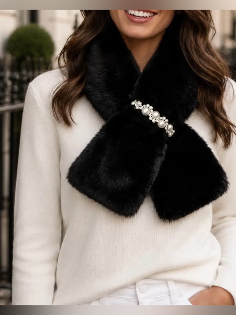 Pia Rossini Black Faux Fur Scarf with Pearl Accent